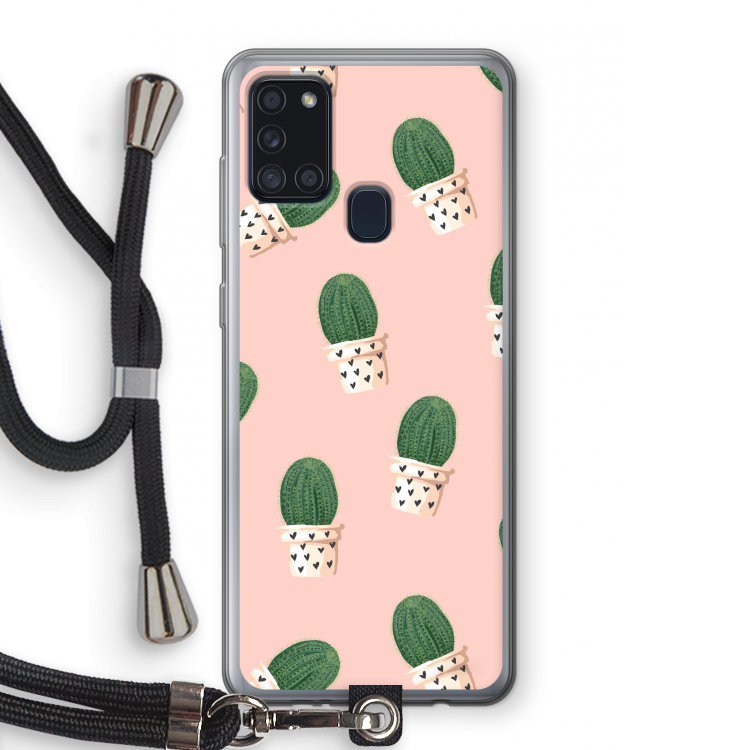 Cactusprint roze: Samsung Galaxy A21s Transparant Hoesje met koord