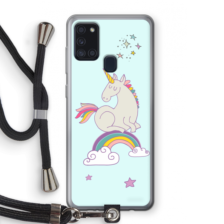 Regenboog eenhoorn: Samsung Galaxy A21s Transparant Hoesje met koord