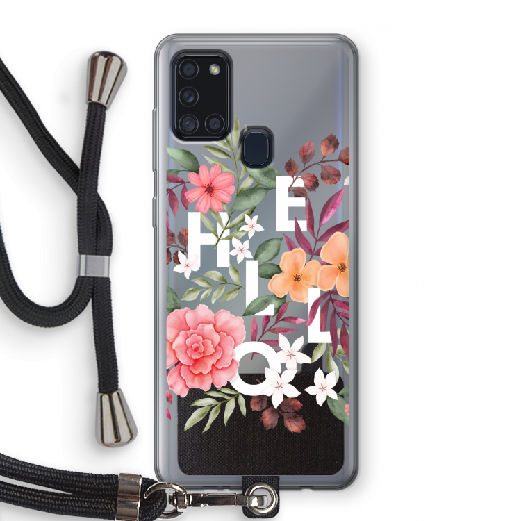 Hello in flowers: Samsung Galaxy A21s Transparant Hoesje met koord