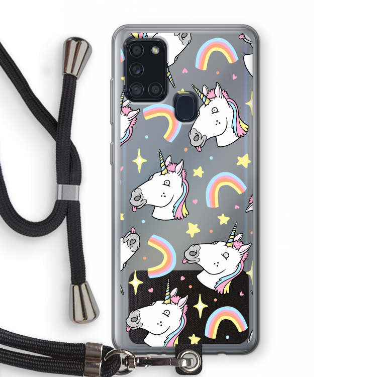 Rainbow Unicorn: Samsung Galaxy A21s Transparant Hoesje met koord