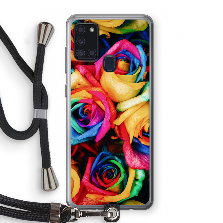 Neon bloemen: Samsung Galaxy A21s Transparant Hoesje met koord