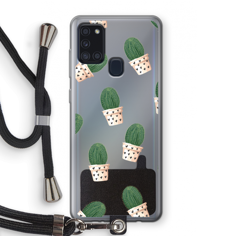 Cactusprint roze: Samsung Galaxy A21s Transparant Hoesje met koord