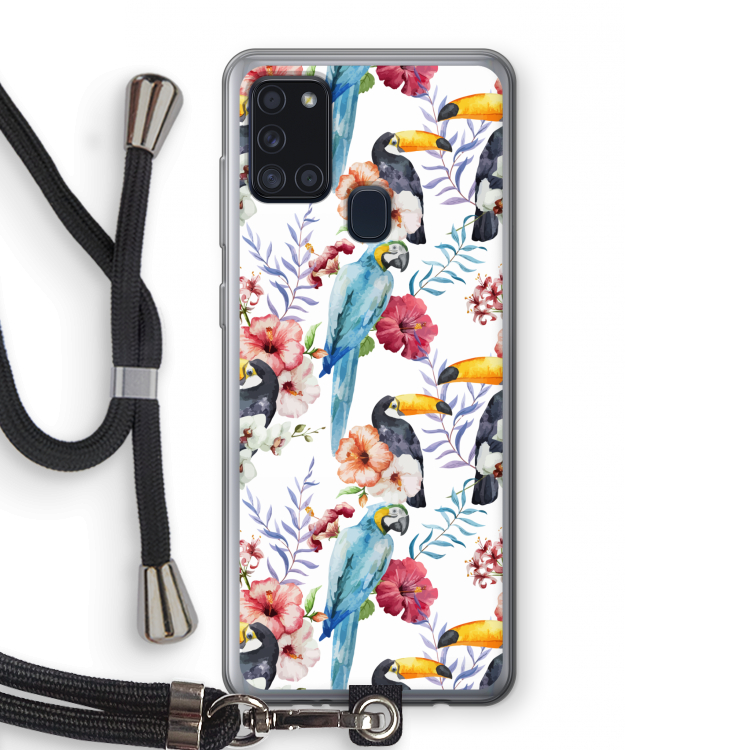 Bloemen tukan: Samsung Galaxy A21s Transparant Hoesje met koord