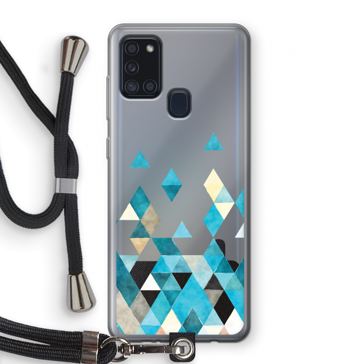 Gekleurde driehoekjes blauw: Samsung Galaxy A21s Transparant Hoesje met koord