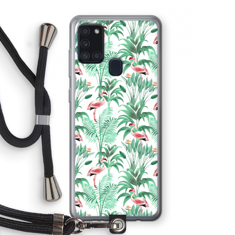 Flamingo bladeren: Samsung Galaxy A21s Transparant Hoesje met koord