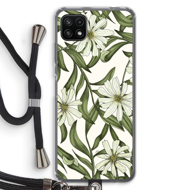 Wit bloemenpatroon: Samsung Galaxy A22 5G Transparant Hoesje met koord