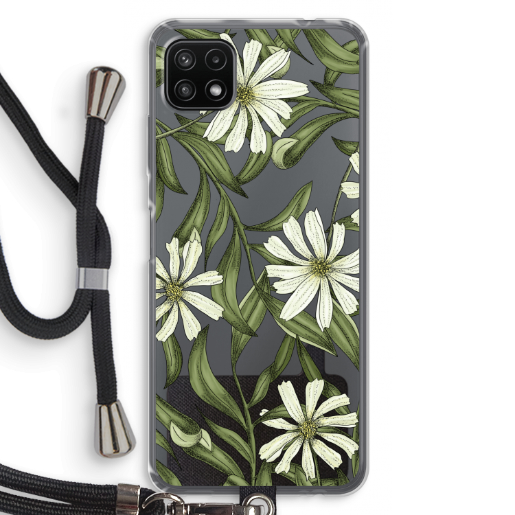 Wit bloemenpatroon: Samsung Galaxy A22 5G Transparant Hoesje met koord