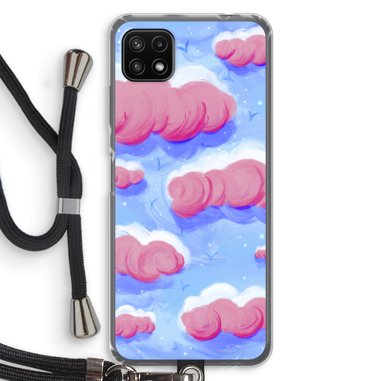 Roze wolken met vogels: Samsung Galaxy A22 5G Transparant Hoesje met koord
