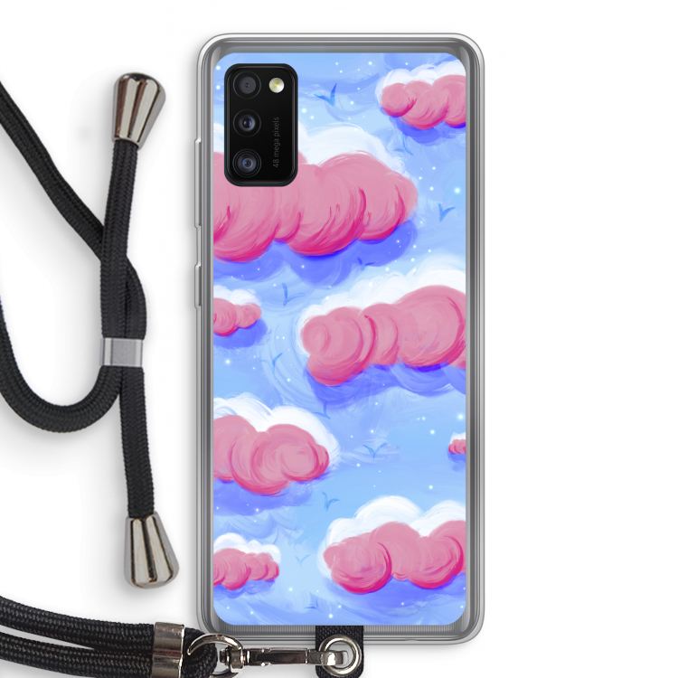 Roze wolken met vogels: Samsung Galaxy A41 Transparant Hoesje met koord