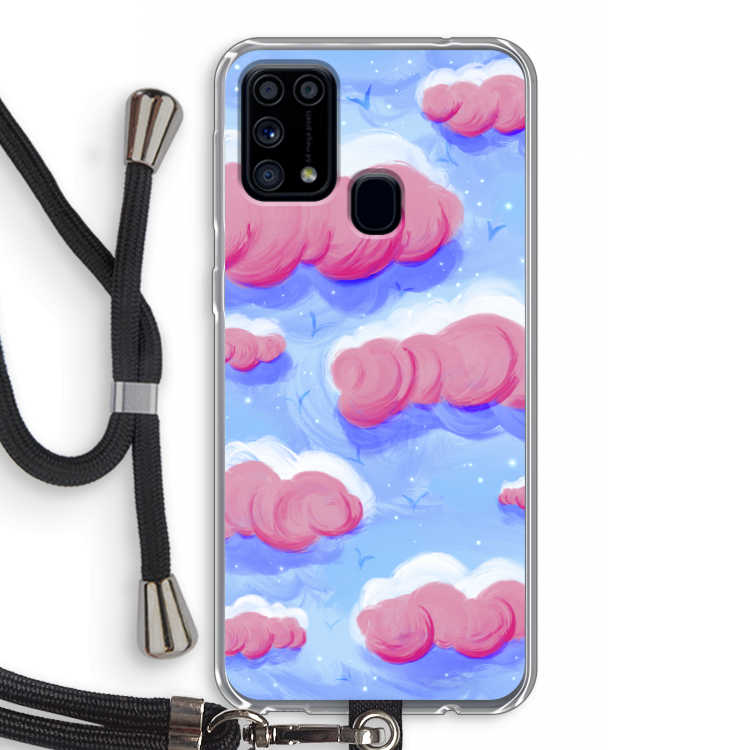 Roze wolken met vogels: Samsung Galaxy M31 Transparant Hoesje met koord
