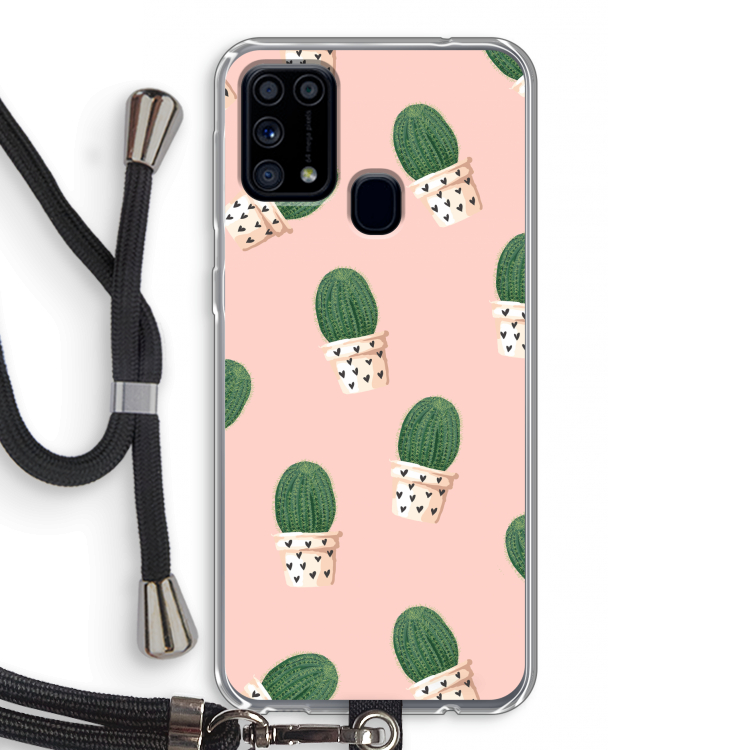 Cactusprint roze: Samsung Galaxy M31 Transparant Hoesje met koord