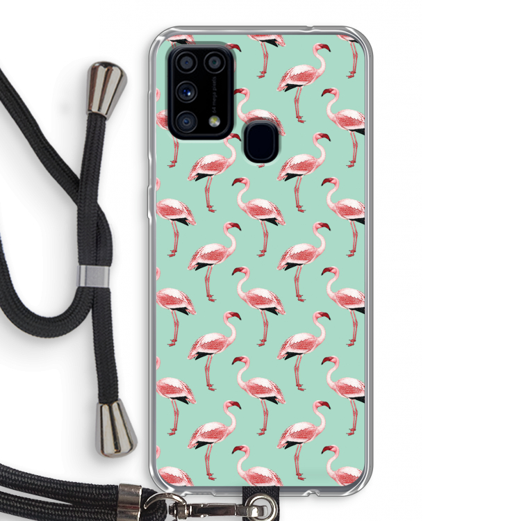 Flamingoprint groen: Samsung Galaxy M31 Transparant Hoesje met koord