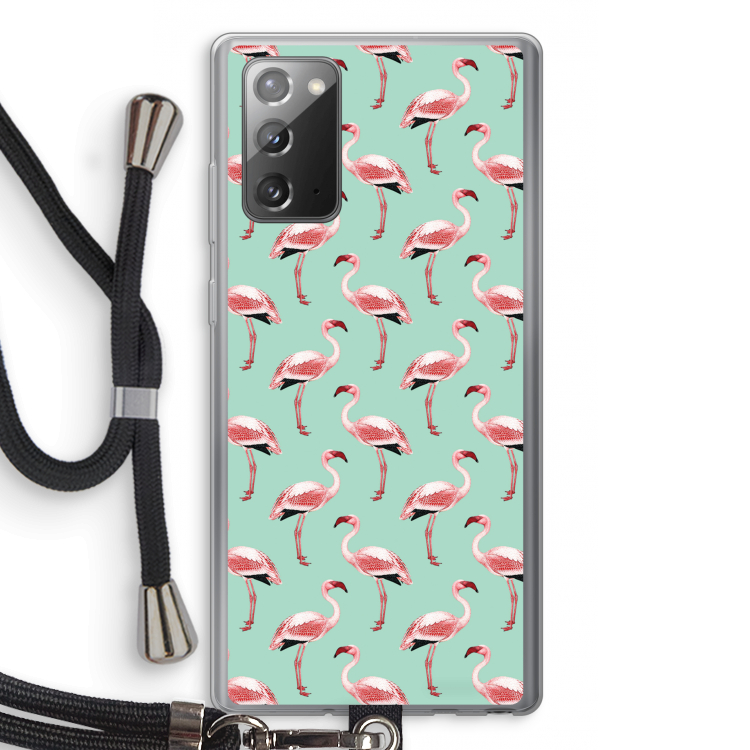 Flamingoprint groen: Samsung Galaxy Note 20 / Note 20 5G Transparant Hoesje met koord