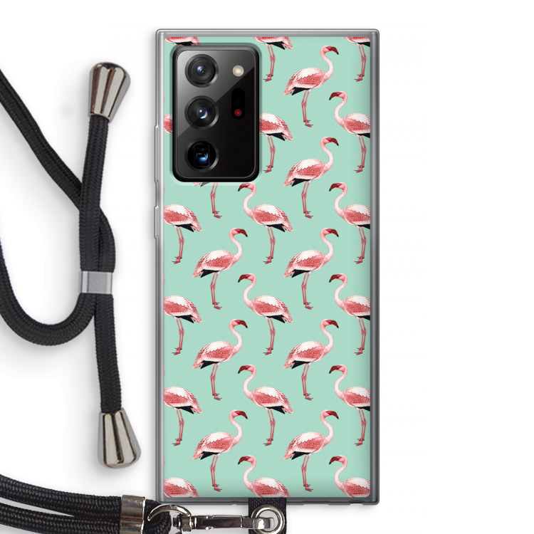Flamingoprint groen: Samsung Galaxy Note 20 Ultra / Note 20 Ultra 5G Transparant Hoesje met koord