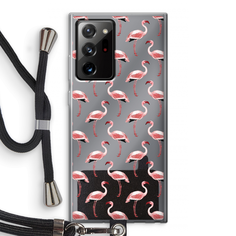 Flamingoprint groen: Samsung Galaxy Note 20 Ultra / Note 20 Ultra 5G Transparant Hoesje met koord