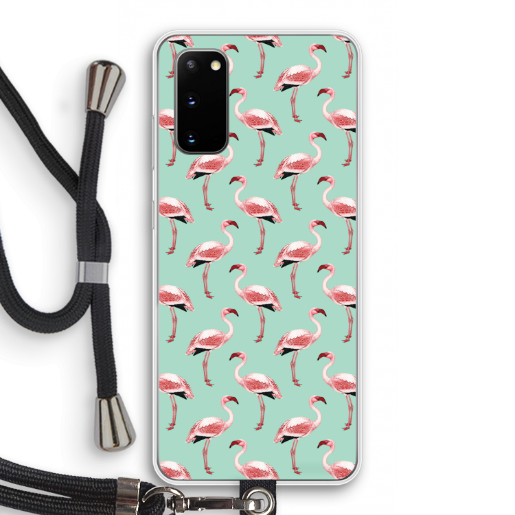 Flamingoprint groen: Samsung Galaxy S20 Transparant Hoesje met koord