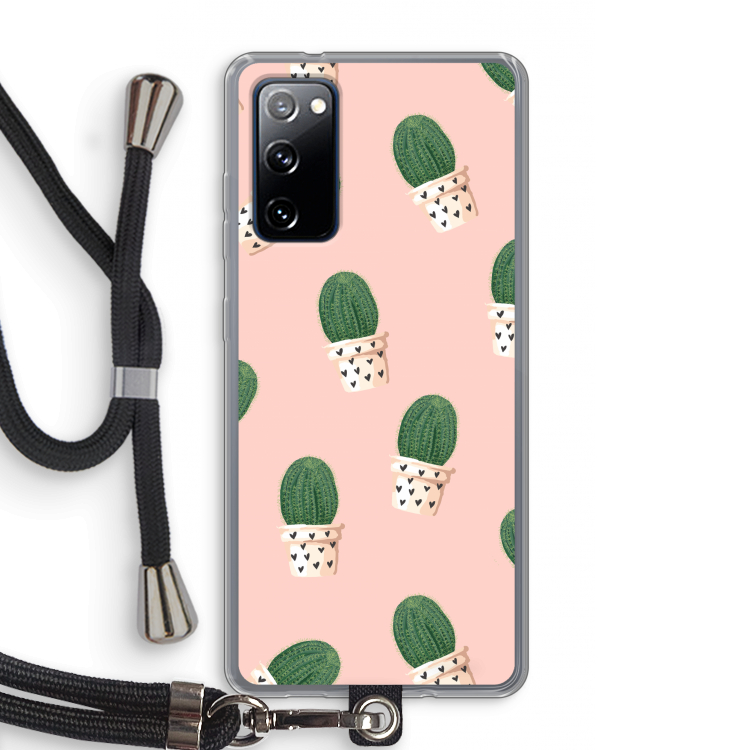 Cactusprint roze: Samsung Galaxy S20 FE / S20 FE 5G Transparant Hoesje met koord