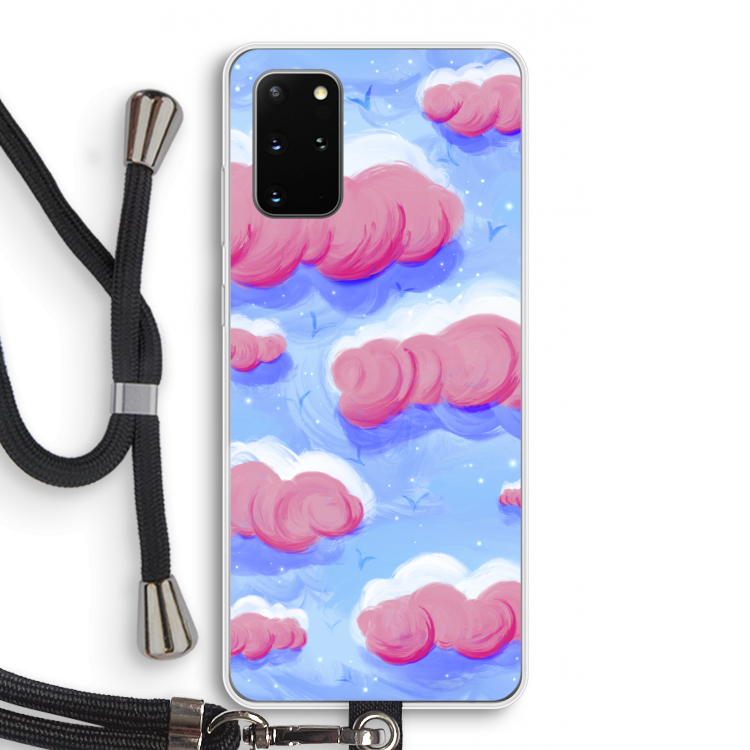 Roze wolken met vogels: Samsung Galaxy S20 Plus Transparant Hoesje met koord