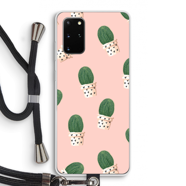Cactusprint roze: Samsung Galaxy S20 Plus Transparant Hoesje met koord