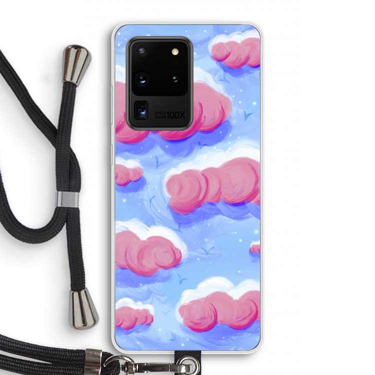 Roze wolken met vogels: Samsung Galaxy S20 Ultra Transparant Hoesje met koord