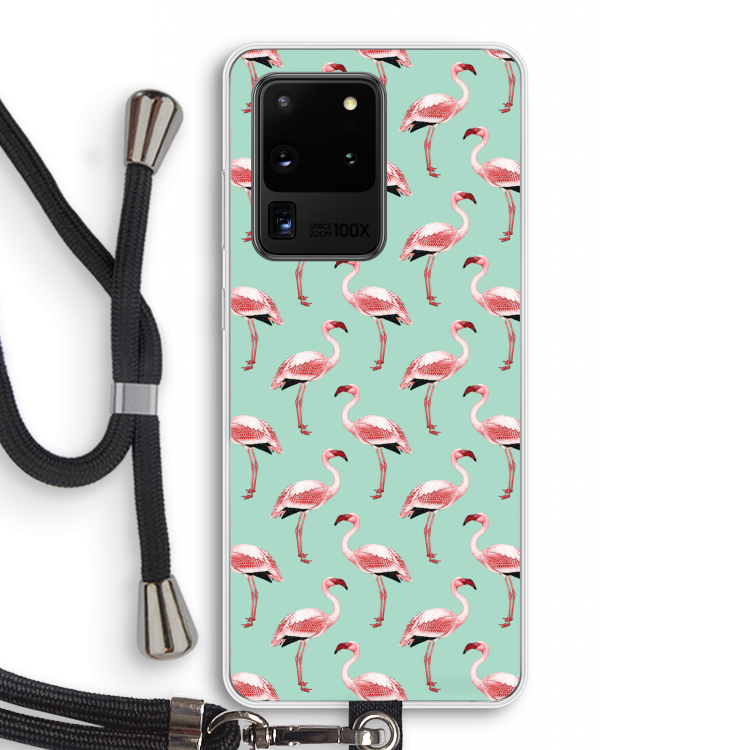 Flamingoprint groen: Samsung Galaxy S20 Ultra Transparant Hoesje met koord