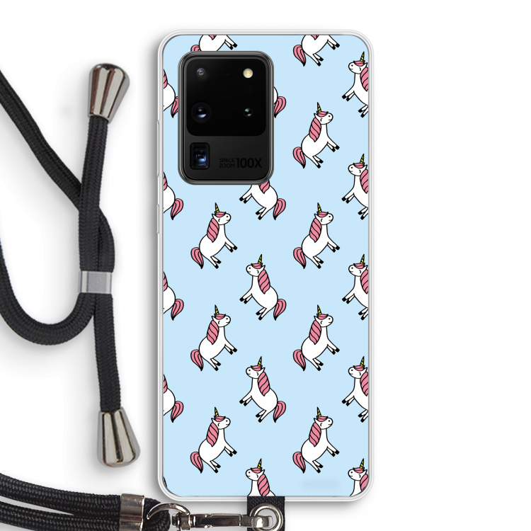 Eenhoorns overal: Samsung Galaxy S20 Ultra Transparant Hoesje met koord