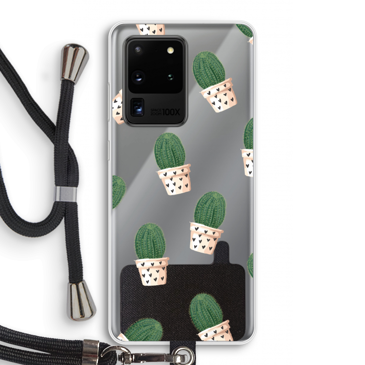 Cactusprint roze: Samsung Galaxy S20 Ultra Transparant Hoesje met koord