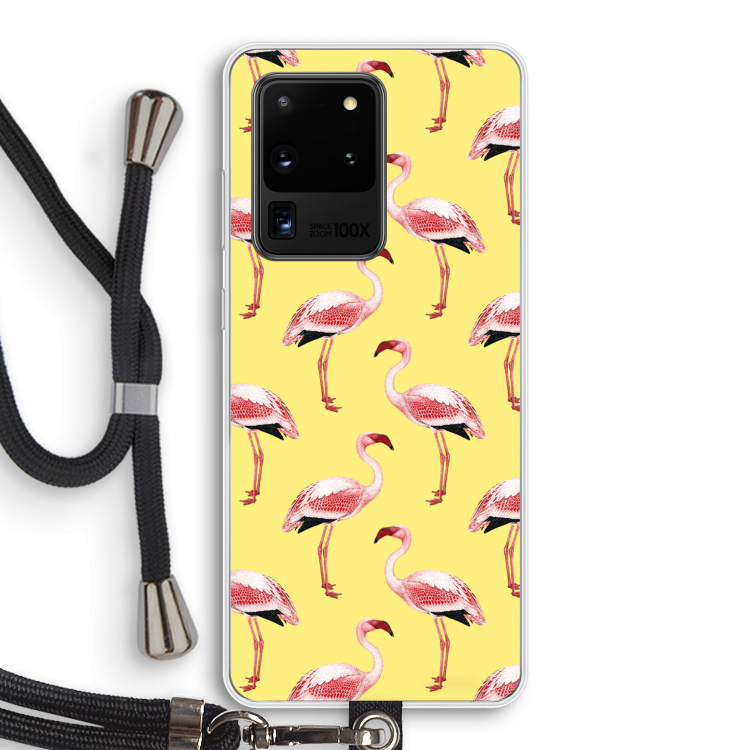 Flamingo's geel: Samsung Galaxy S20 Ultra Transparant Hoesje met koord