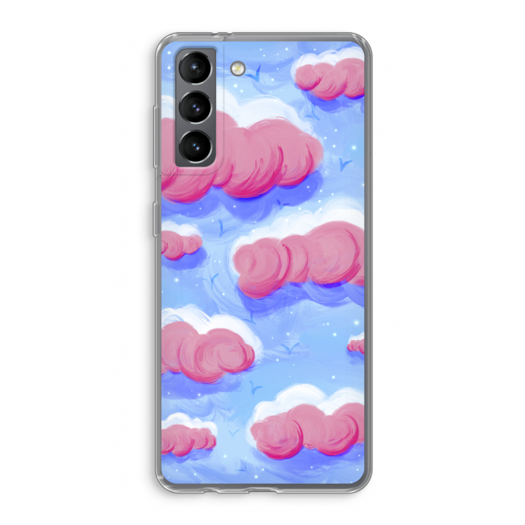 Roze wolken met vogels: Samsung Galaxy S21 Transparant Hoesje