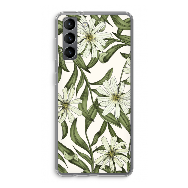 Wit bloemenpatroon: Samsung Galaxy S21 Transparant Hoesje