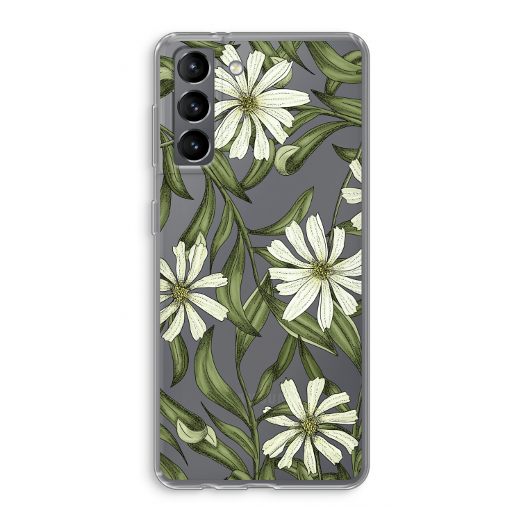 Wit bloemenpatroon: Samsung Galaxy S21 Transparant Hoesje