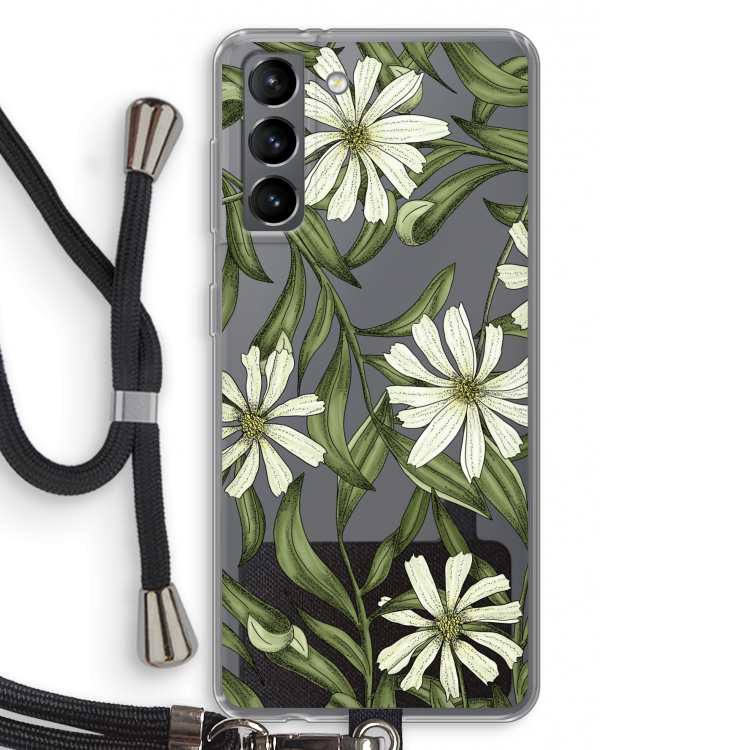 Wit bloemenpatroon: Samsung Galaxy S21 Transparant Hoesje met koord