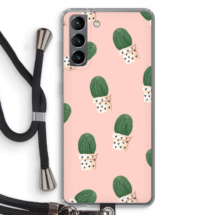 Cactusprint roze: Samsung Galaxy S21 Transparant Hoesje met koord
