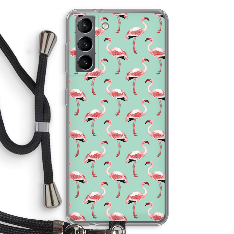 Flamingoprint groen: Samsung Galaxy S21 Transparant Hoesje met koord