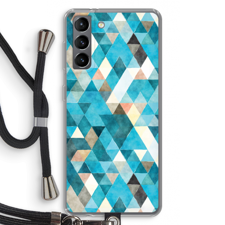 Gekleurde driehoekjes blauw: Samsung Galaxy S21 Transparant Hoesje met koord
