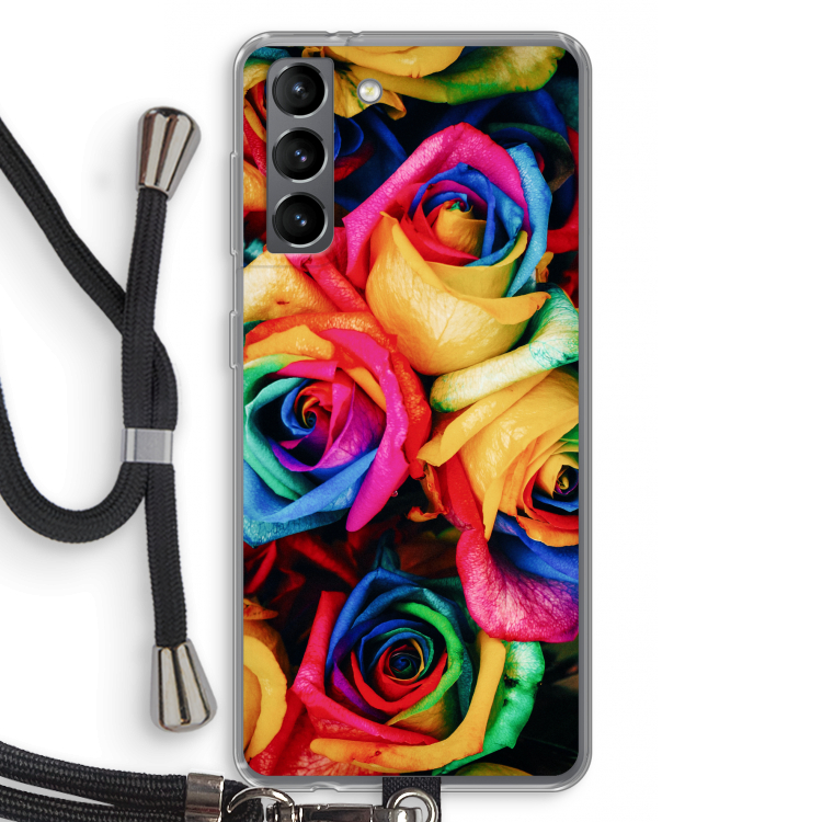 Neon bloemen: Samsung Galaxy S21 Transparant Hoesje met koord