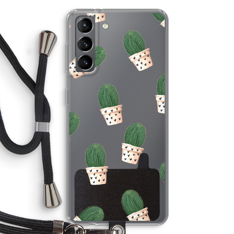 Cactusprint roze: Samsung Galaxy S21 Transparant Hoesje met koord