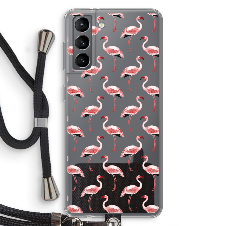 Flamingoprint groen: Samsung Galaxy S21 Transparant Hoesje met koord