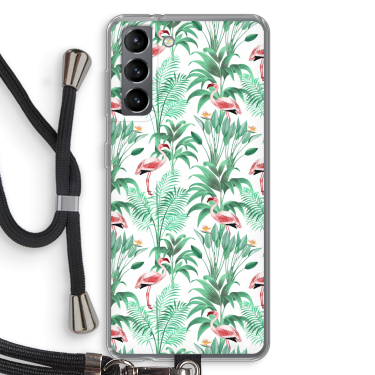Flamingo bladeren: Samsung Galaxy S21 Transparant Hoesje met koord