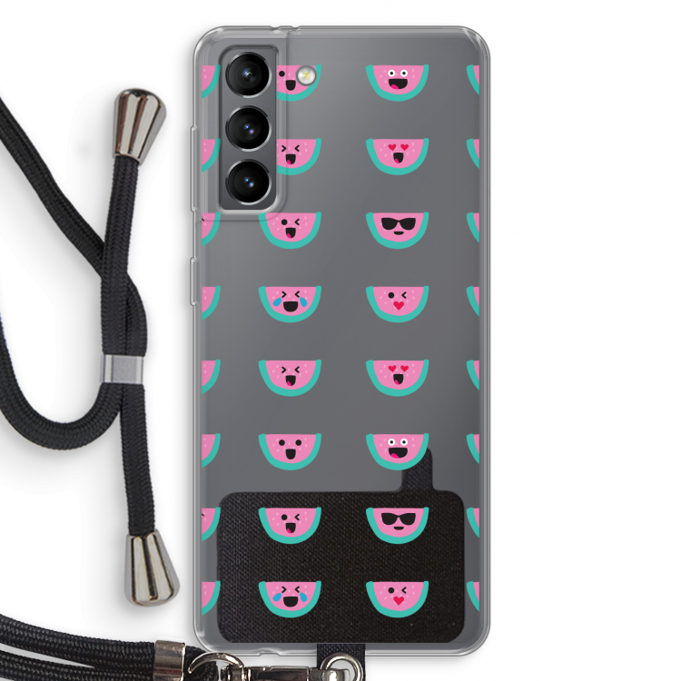 Smiley watermeloenprint: Samsung Galaxy S21 Transparant Hoesje met koord