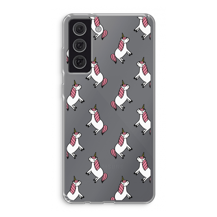 Eenhoorns overal: Samsung Galaxy S21 FE Transparant Hoesje