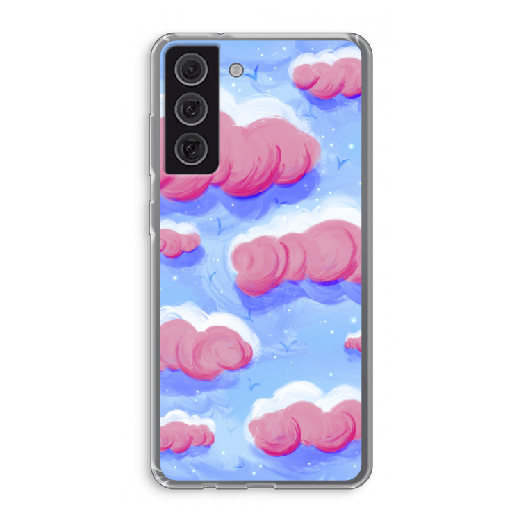 Roze wolken met vogels: Samsung Galaxy S21 FE Transparant Hoesje