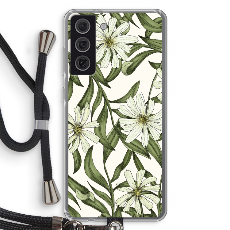 Wit bloemenpatroon: Samsung Galaxy S21 FE Transparant Hoesje met koord