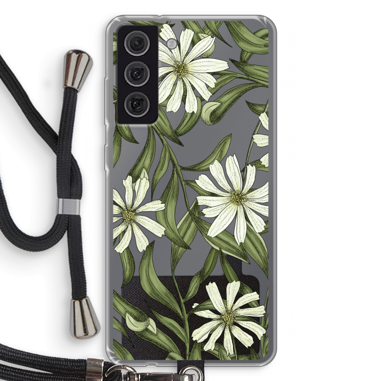 Wit bloemenpatroon: Samsung Galaxy S21 FE Transparant Hoesje met koord