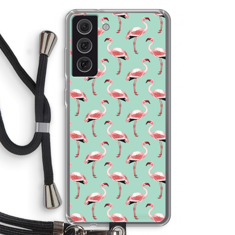 Flamingoprint groen: Samsung Galaxy S21 FE Transparant Hoesje met koord