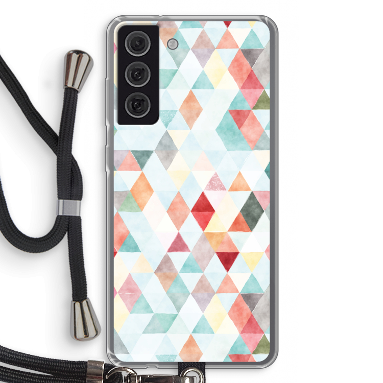 Gekleurde driehoekjes pastel: Samsung Galaxy S21 FE Transparant Hoesje met koord