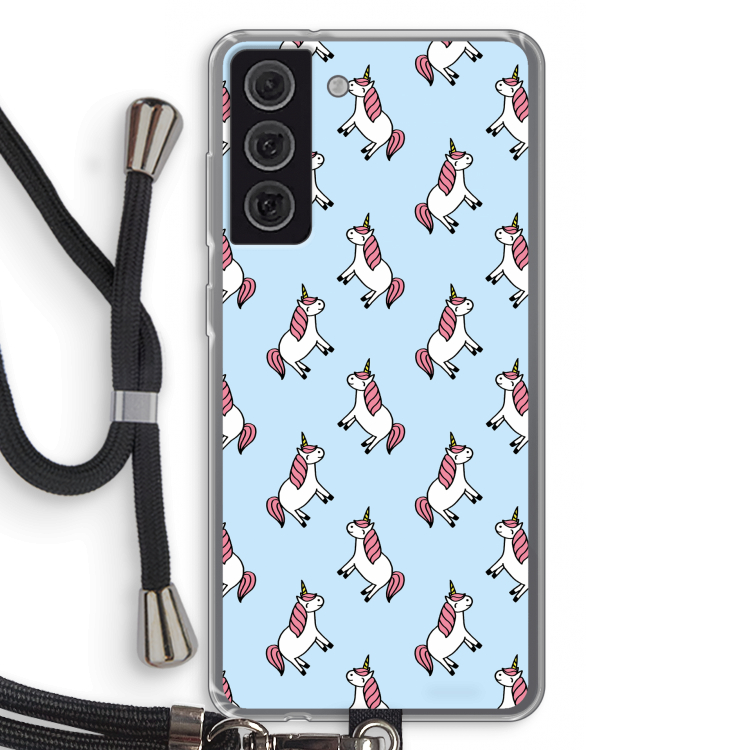 Eenhoorns overal: Samsung Galaxy S21 FE Transparant Hoesje met koord