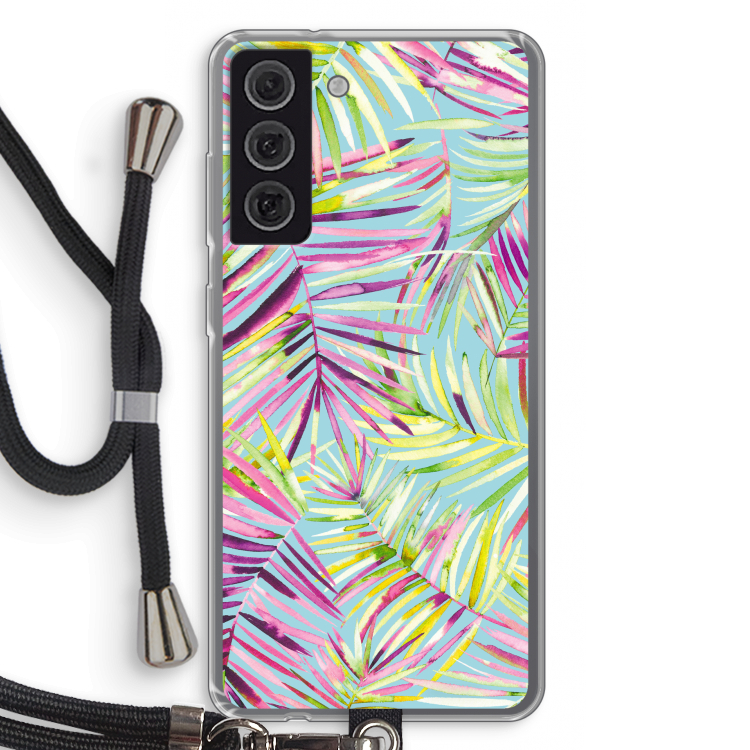 Tropical Palms Blue: Samsung Galaxy S21 FE Transparant Hoesje met koord