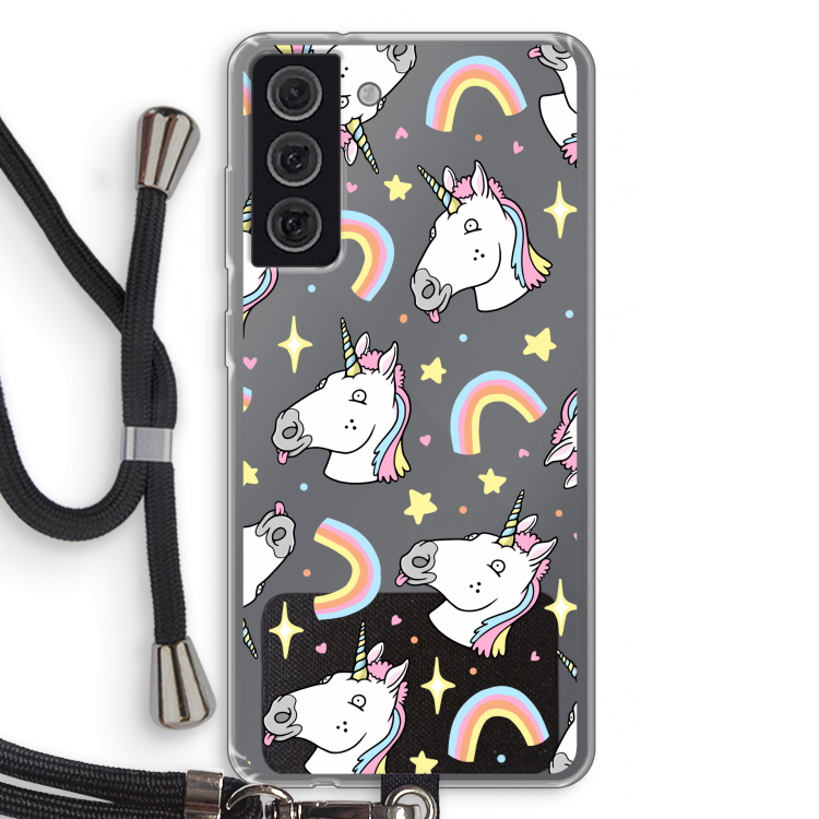 Rainbow Unicorn: Samsung Galaxy S21 FE Transparant Hoesje met koord