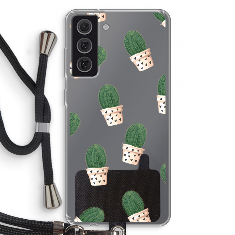Cactusprint roze: Samsung Galaxy S21 FE Transparant Hoesje met koord